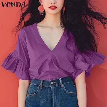 VONDA Women Summer V-Neck Ruffled Short Sleeve Solid Color Blouses S фиолетовый