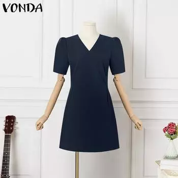 VONDA Women Summer V-Neck Short Sleeve Pleated Waist Pockets Dresses S зелёный