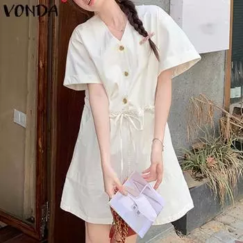 VONDA Women Summer V-Neck Short Sleeve Solid Color Tie Shirt Dress S синий