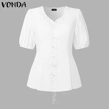 VONDA Women V Neck Short Sleeve Back Lace-up Crochet Hem Casual Blouse S