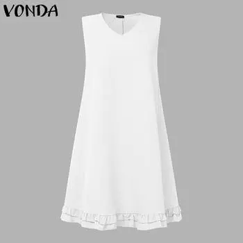 VONDA Women V Neck Sleeveless Solid Color Casual Ruffled Hem A-line Tank Dress S