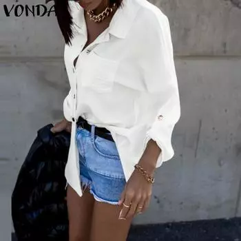 VONDA Women Vintage Chain Long Sleeve Solid Color Shirts S белый