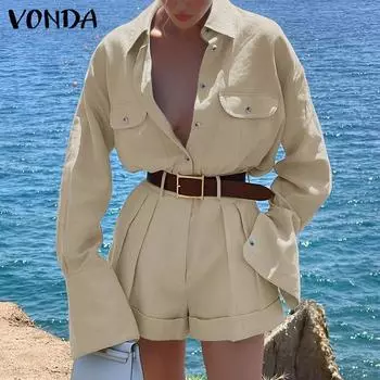 VONDA Женские винтажные лацканы с длинным рукавом и карманом, однотонные рубашки и шорты S синий