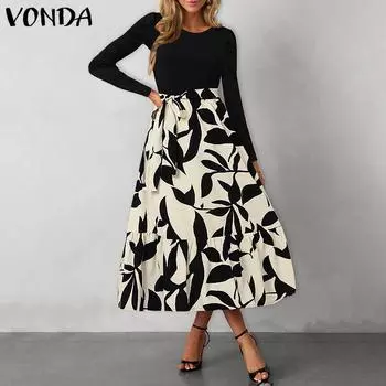 VONDA Женские винтажные платья А-силуэта с круглым вырезом и контрастным длинным рукавом с цветочным принтом S чёрный