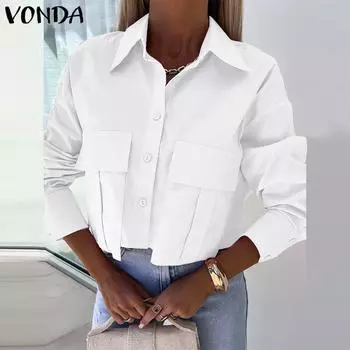 VONDA Женские винтажные рубашки с воротником и длинным рукавом, однотонные свободные рубашки S белый