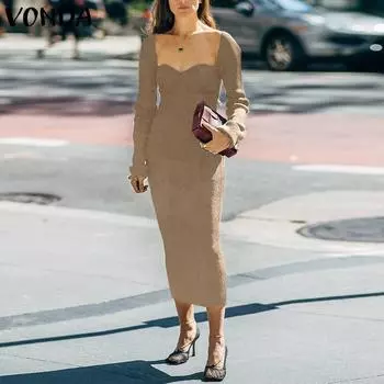 VONDA Женские винтажные обтягивающие однотонные платья с U-образным вырезом и длинным рукавом S чёрный