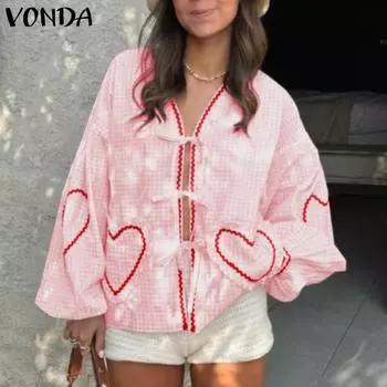 VONDA Женские винтажные рубашки с V-образным вырезом и длинным рукавом в клетку с принтом в виде сердца M розовый