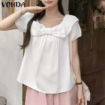 VONDA Womens Bow Knot Layer Neck Puff Sleeve Solid Casual Loose Tops Blouse M белый