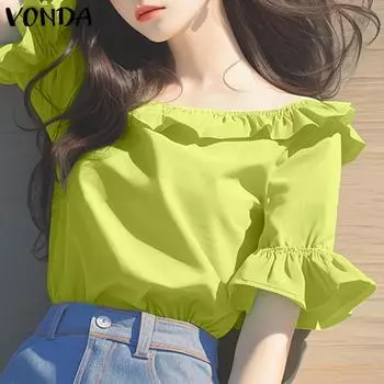 VONDA Женские повседневные однотонные блузки с круглым вырезом и коротким рукавом с оборками 4XL