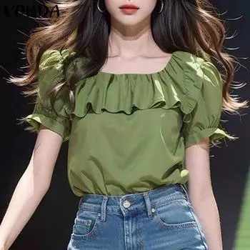 VONDA Женская повседневная блузка с короткими рукавами и оборками, квадратным вырезом и буфами 4XL зелёный