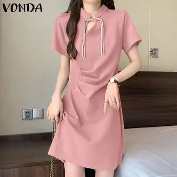 VONDA Женское повседневное платье с воротником-стойкой и короткими рукавами, однотонное S розовый