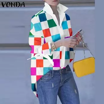 VONDA женская модная блузка с длинным рукавом и лацканами в клетку M