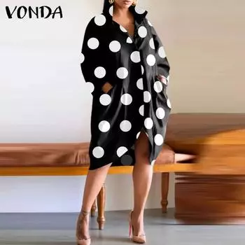 VONDA Женское модное платье больших размеров с лацканами и длинными рукавами в горошек S чёрный