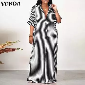 VONDA Женское модное платье больших размеров с лацканами и короткими рукавами в полоску M чёрный