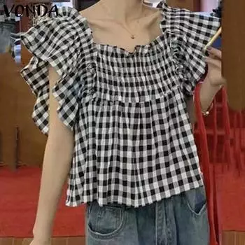 VONDA Womens Square Collar Sleeveless Ruffled Plaid Casual Loose Tank Tops M чёрный