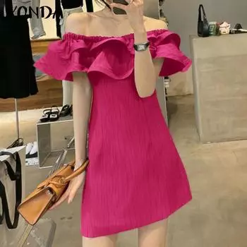 VONDA Женское летнее повседневное платье с оборками и открытыми плечами, короткими рукавами 4XL жёлтый