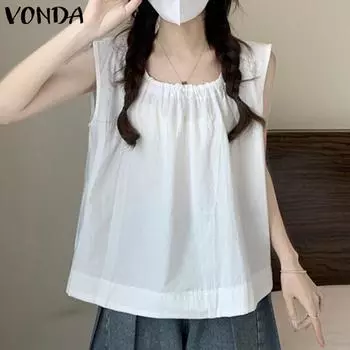 VONDA Womens Summer Fashion Pleated Round Neck Solid Color Tanks