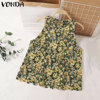VONDA Женские летние свободные майки с круглым вырезом и цветочным принтом 4XL жёлтый