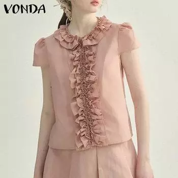 VONDA Женская летняя блузка с круглым вырезом и коротким рукавом, однотонная кружевная блузка 2XL розовый