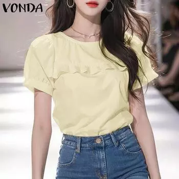 VONDA Женская летняя блузка с короткими рукавами и оборками, круглым вырезом 2XL белый