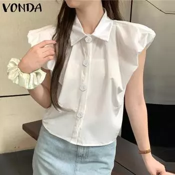 VONDA Womens Summer Shirt Collar Short Sleeve Floral Blouse