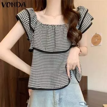VONDA Женские летние клетчатые блузки с квадратным вырезом и коротким рукавом L синий