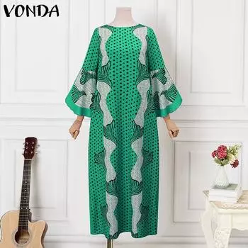 VONDA Женщины плюс размер с круглым вырезом и длинным рукавом с принтом Свободное прямое длинное платье M зелёный
