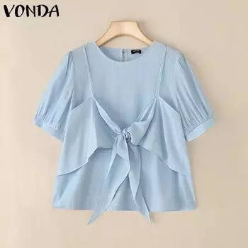 VONDA Женская блузка с круглым вырезом, коротким рукавом, однотонная, с бантом, имитацией двух частей, повседневная, с оборками S
