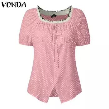 VONDA Женская блузка с квадратным вырезом, короткими рукавами, оборкой по низу и принтом в горошек, повседневная, короткая S