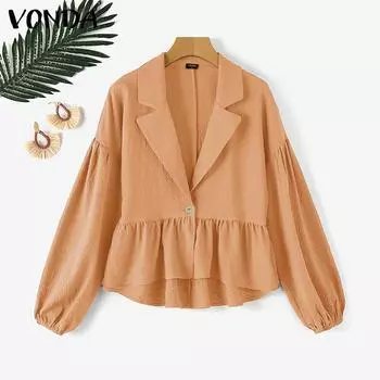 VONDA Женская блузка с воротником с лацканами и V-образным вырезом, однотонная блузка с оборками по подолу