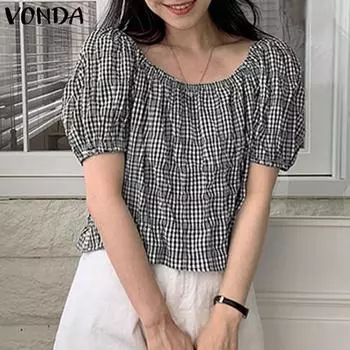 VONDA Женская блузка в клетку с короткими рукавами и круглым вырезом