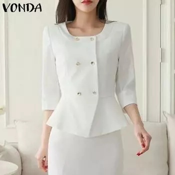 VONDA Женская двубортная тонкая однотонная рубашка с рукавом 3/4 и круглым вырезом, блейзер