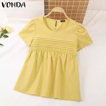 VONDA женская кружевная однотонная свободная блузка с круглым вырезом и короткими рукавами S жёлтый