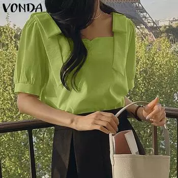 VONDA женская летняя элегантная блузка с квадратным вырезом и короткими рукавами, украшенная бантом