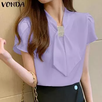 VONDA женская летняя элегантная блузка с v-образным вырезом и коротким рукавом, однотонная элегантная блузка 3XL красный