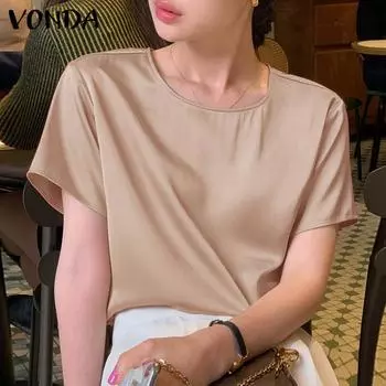 VONDA женская летняя атласная однотонная свободная блузка с круглым вырезом и короткими рукавами