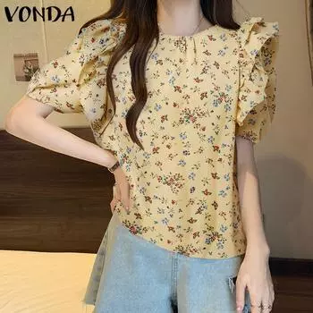 VONDA женская летняя блузка с круглым вырезом и маленьким кружевом с цветочным принтом и объемными рукавами 3XL чёрный