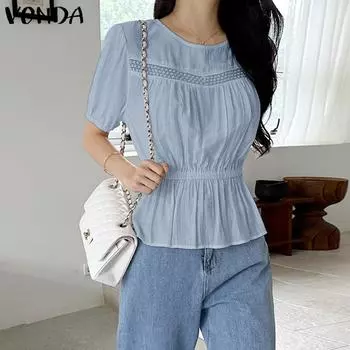 VONDA женская летняя блузка с круглым вырезом и короткими рукавами, кружевная однотонная блузка с желудями