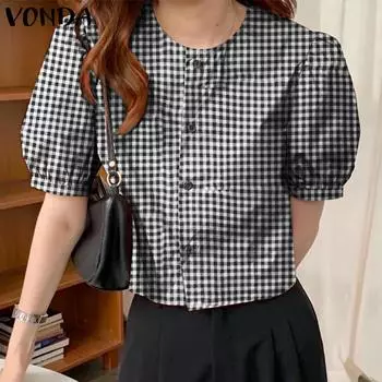 VONDA Женская летняя блузка с круглым вырезом и коротким рукавом, свободная клетчатая блузка 2XL чёрный