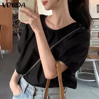VONDA Женская летняя блузка с круглым вырезом и коротким рукавом, завязками сзади 2XL чёрный