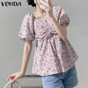 VONDA женская летняя блузка с квадратным вырезом и короткими рукавами и цветочным принтом, плиссированная талия 5XL синий