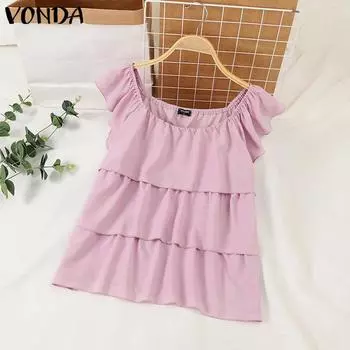 VONDA Женская летняя блузка с квадратным вырезом и короткими рукавами, многослойная, с оборками
