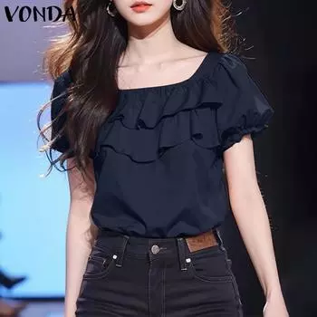 VONDA Женская летняя блузка с квадратным вырезом и оборками, короткими рукавами 5XL оранжевый