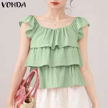 VONDA Женская летняя блузка с квадратным вырезом и короткими рукавами, многослойная, с оборками