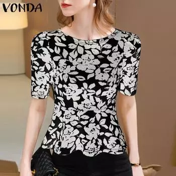 VONDA женская летняя блузка с пышным воротником и коротким рукавом с цветочным принтом на талии