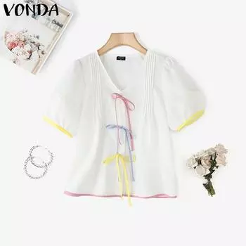 VONDA Женская летняя блузка с V-образным вырезом, пышными рукавами, декоративной строчкой и бантом, повседневная, милая, короткая M