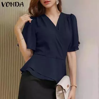 VONDA Женская летняя однотонная блузка с V-образным вырезом, оборками, короткими рукавами и плиссировкой на талии 5XL оранжевый