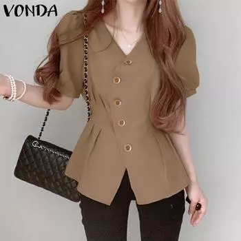 VONDA женская летняя блузка с v-образным вырезом и короткими рукавами, украшение на пуговицах, однотонная, свободная блузка с разрезом