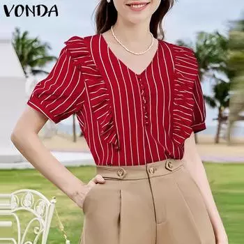 VONDA женская летняя блузка с v-образным вырезом и оборками, короткими рукавами и декоративными пуговицами