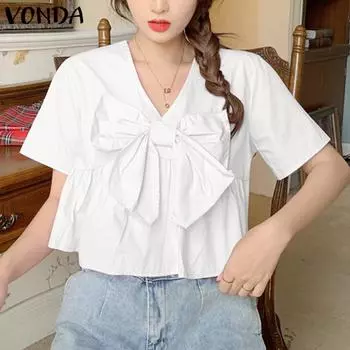VONDA Женская летняя блузка с V-образным вырезом и коротким рукавом с завязками